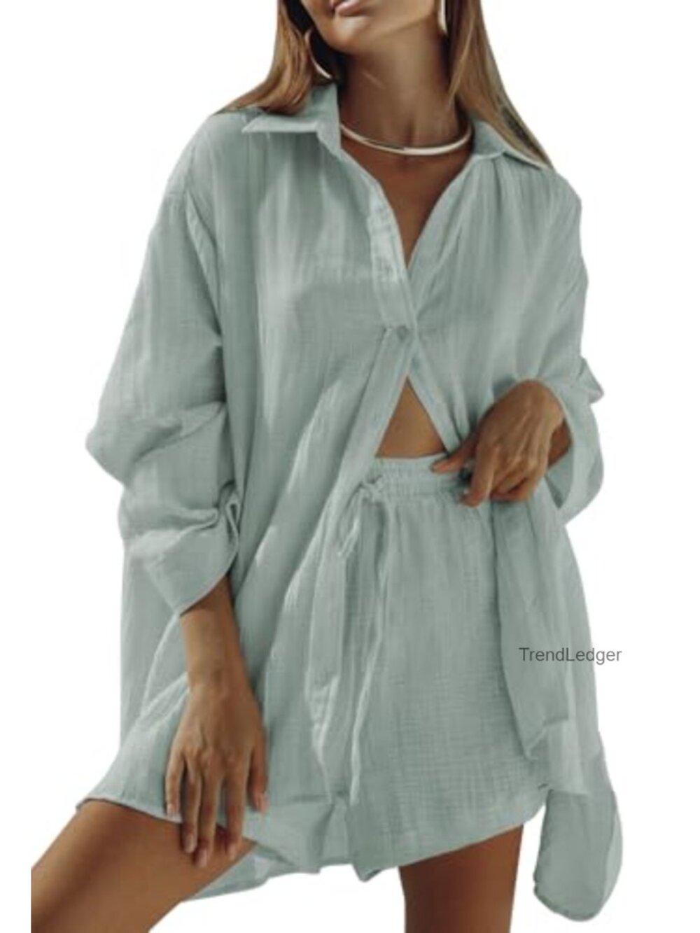 2 Piece Lounge Set Long Sleeve Button Down Blouse and Shorts Sweatsuit